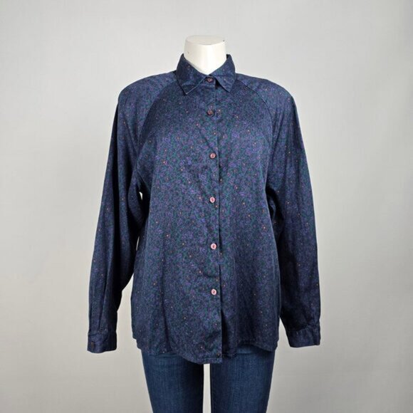 Vintage Leigh Morgan Blue Paisley Button Up Collared Blouse Size L - Picture 1 of 5